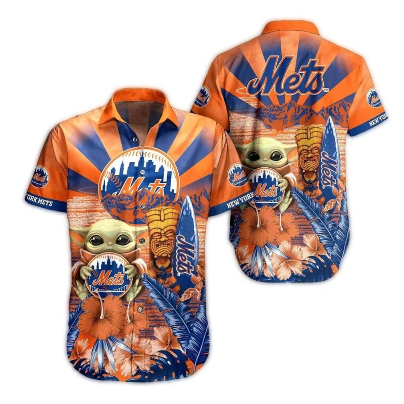 Baby Yoda And Tiki New York Mets Floral Hawaiian Shirt 1.Jpg