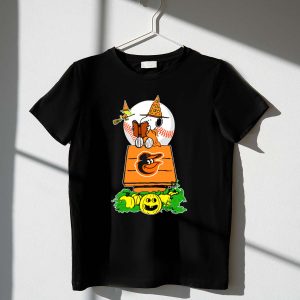 Baltimore Orioles Halloween Snoopy Reading On Doghouse With Woodstock And Pumpkins T Shirt 1