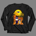 Baltimore Ravens Snoopy and Charlie Brown Halloween Moon Pumpkin Scene 4 Long Sleeves