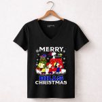 Buffalo Bills Snoopy Merry Christmas with Peanuts Characters and Festive Tree 7 Womens V Neck.jpg