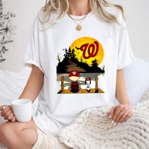 Charlie Brown And Snoopy Sit Under Moon Halloween Washington Nationals Shirt
