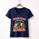 Christmas Movie Junkie Snoopy and Charlie Brown Festive TV Scene 5 Womens V Neck 1.jpg