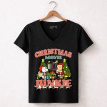 Christmas Movie Junkie Snoopy and Charlie Brown Festive TV Scene 7 Womens V Neck 1.jpg
