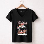 Christmas Snoopy and Charlie Brown Paint Logo Denver Broncos 7 Womens V Neck