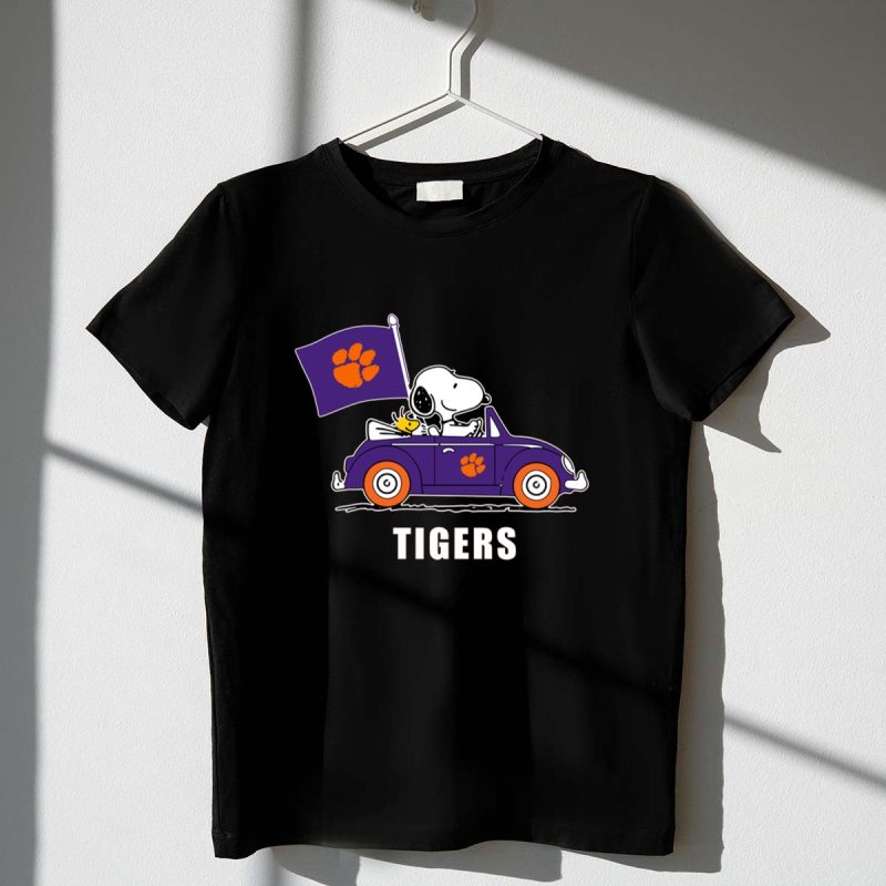 Clemson Tigers Snoopy Driving With Woodstock In Purple Car 1 T Shirt.jpg