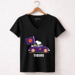 Clemson Tigers Snoopy Driving With Woodstock In Purple Car 7 Womens V Neck.jpg
