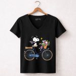 Cleveland Guardians Snoopy Riding Bicycle with Flowers and Baseball Bow Tie 7 Womens V Neck.jpg