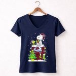Colorado Avalanche Christmas Snoopy and Woodstock with Gifts and Tree 5 Womens V Neck.jpg