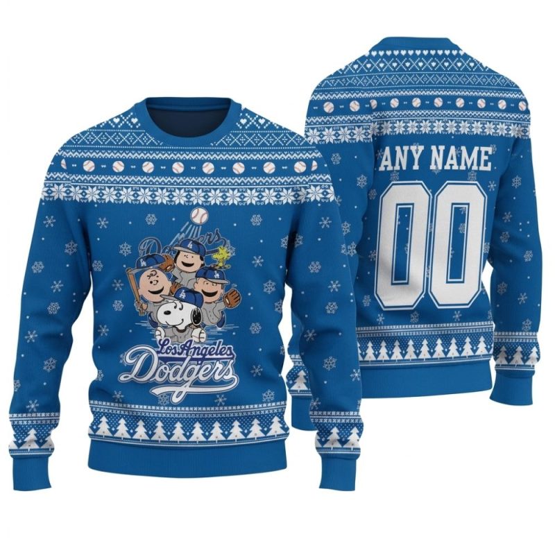Custom Name And Number Peanuts Snoopy Los Angeles Dodgers Holiday Ugly Sweater 1.Jpg