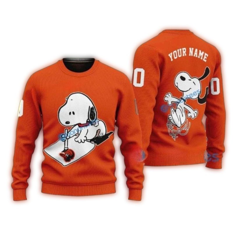 Custom Name And Number Snoopy Orange Baltimore Orioles Ugly Sweater 1.Jpg