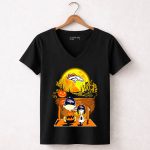 Denver Broncos Snoopy and Charlie Brown Halloween Pumpkin Moon Scene 7 Womens V Neck