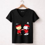 Fist Bump Charlie Brown and Snoopy Wear Clothing Calgary Flames 7 Womens V Neck.jpg