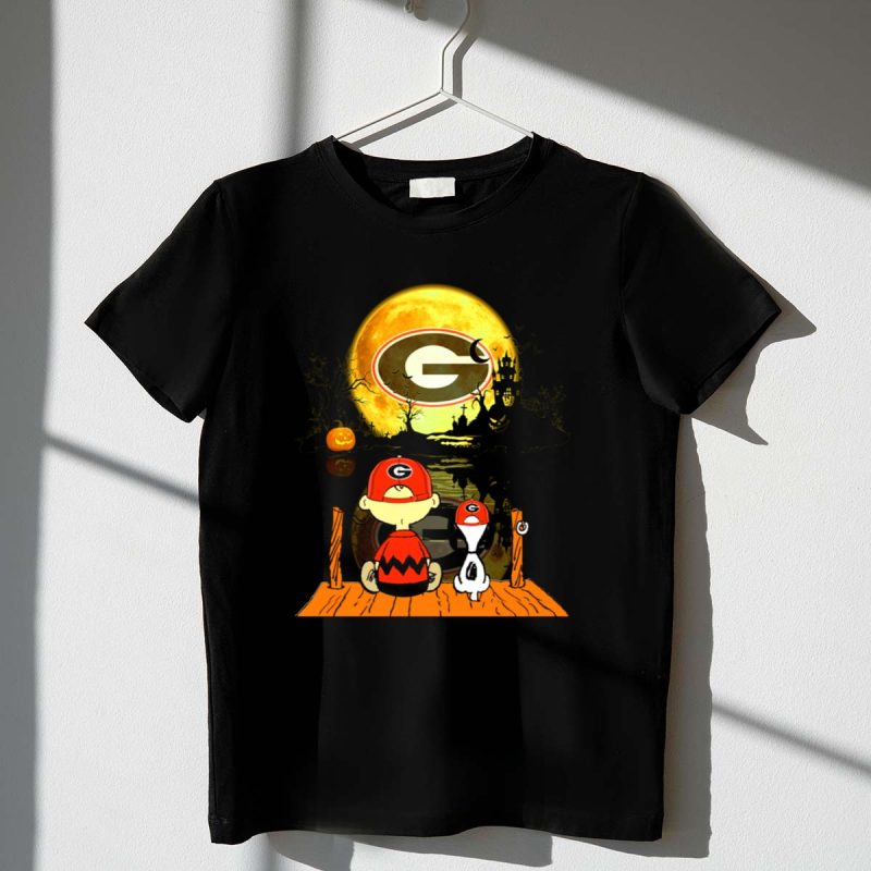 Georgia Bulldogs Halloween Moonlit Dock Scene Charlie Brown And Snoopy Reflections 1 T Shirt.jpg