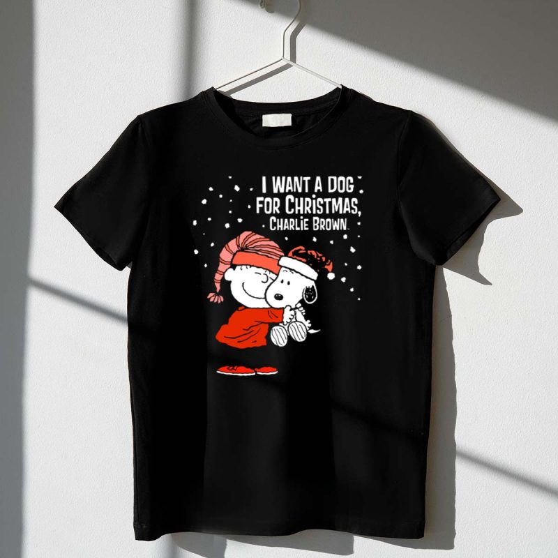 I Want A Dog For Christmas Charlie Brown Snoopy Hugging Linus Snow Scene T Shirt 1 1.Jpg