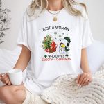 Just A Woman Who Loves Snoopy Hug Woodstock And Christmas 1 T Shirt 1.jpg