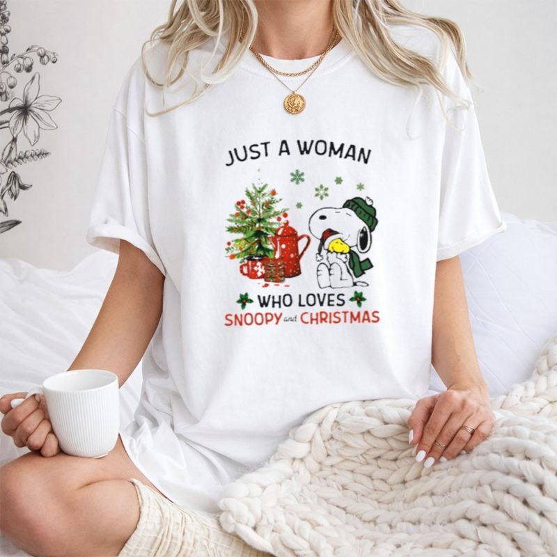 Just A Woman Who Loves Snoopy Hug Woodstock And Christmas 1 T Shirt 1.Jpg