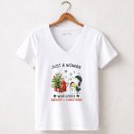 Just A Woman Who Loves Snoopy Hug Woodstock And Christmas 5 Womens V Neck 1.jpg