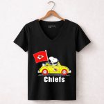 Kansas City Chiefs Snoopy Riding with Woodstock in Yellow Car 7 Womens V Neck