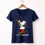 Let It Snoopy Snoopy in Christmas Sock with Santa Hat and Present 5 Womens V Neck 1.jpg