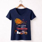 Life is Better with Crimson Autumn Leaves Butterflies Snoopy Woodstock 5 Womens V Neck