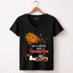 Life is Better with Crimson Autumn Leaves Butterflies Snoopy Woodstock 7 Womens V Neck