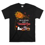 Life is Better with Crimson Autumn Leaves Butterflies Snoopy Woodstock T Shirt 6