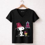 Los Angeles Angels Snoopy Woodstock Big Red Hat 7 Womens V Neck.jpg