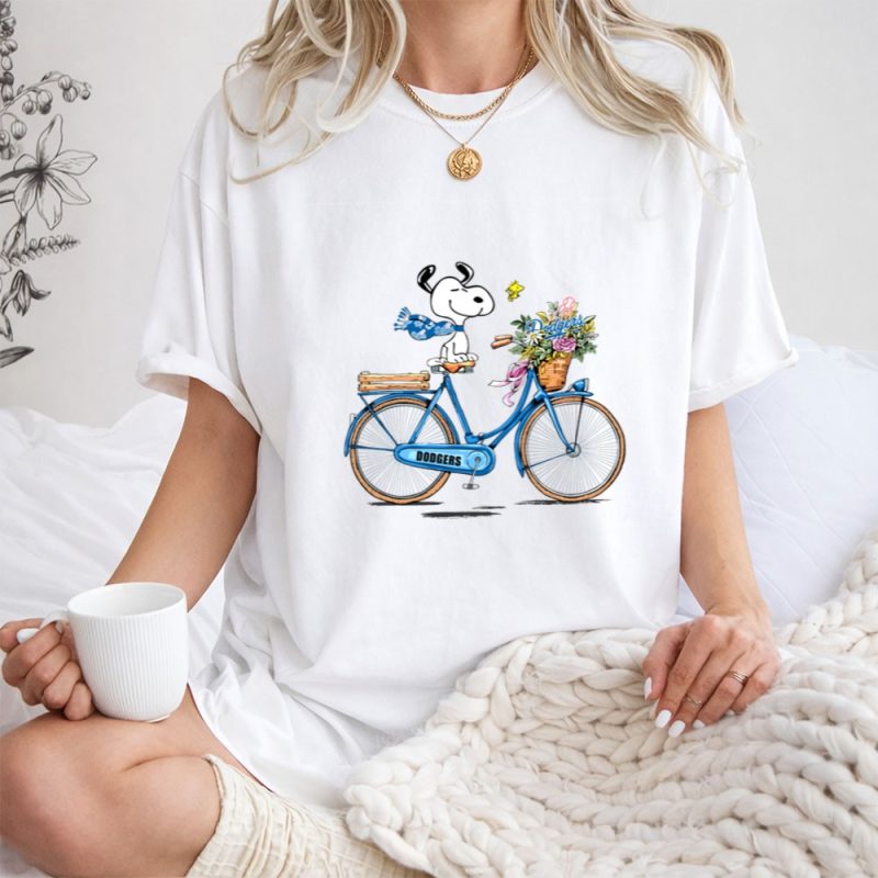 Los Angeles Dodgers Snoopy Riding Bicycle With Woodstock And Flowers 1 T Shirt