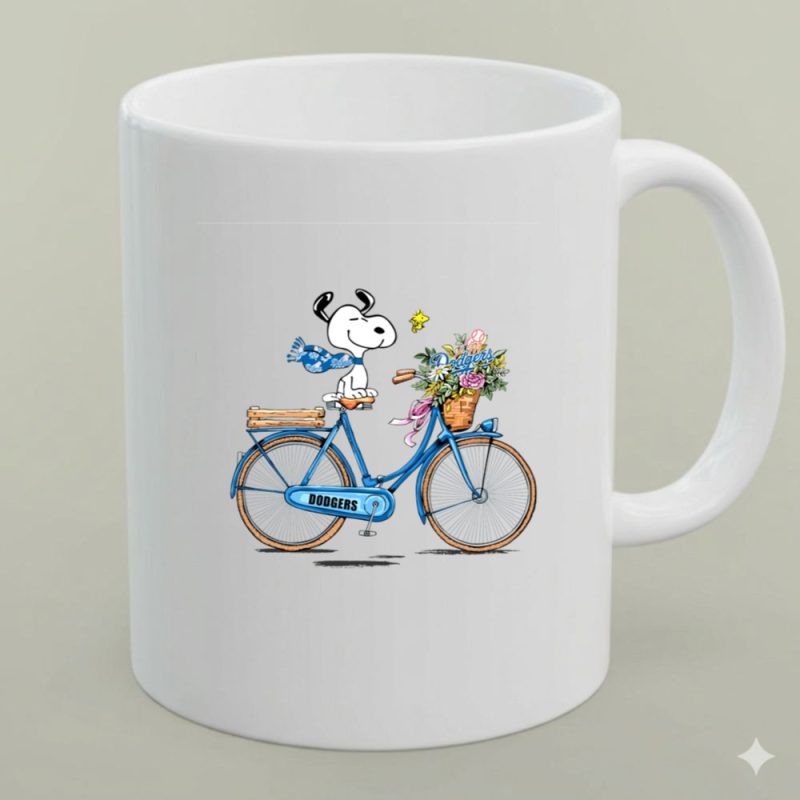 Los Angeles Dodgers Snoopy Riding Bicycle With Woodstock And Flowers 1 Mug 1.Jpg