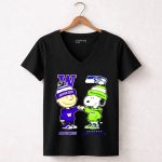 Mashup Charlie Brown Fist Bump Snoopy Washington Huskies X Seattle Seahawks 7 Womens V Neck 1.jpg