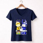 Mashup Charlie Brown Indianapolis Colts and Snoopy Notre Dame Fighting Irish city skyline 5 Womens V Neck.jpg