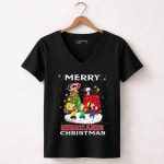 Merry Carolina Hurricanes Christmas Snoopy Peanuts Characters Caroling Winter Scene 7 Womens V Neck.jpg