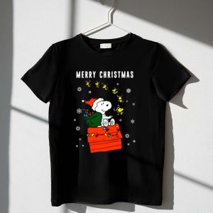 Merry Christmas Snoopy Santa on Doghouse with Reindeer and Snowflakes 1 T Shirt 1.jpg