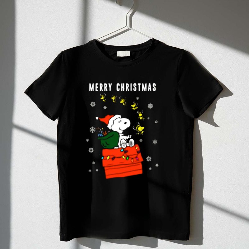 Merry Christmas Snoopy Santa On Doghouse With Reindeer And Snowflakes 1 T Shirt 1.Jpg