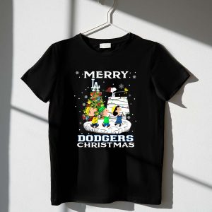 Merry Los Angeles Dodgers Christmas With Snoopy And Peanuts Holiday Scene Shirt