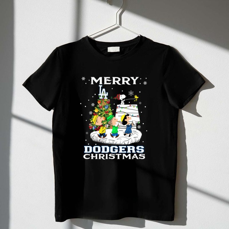 Merry Los Angeles Dodgers Christmas With Snoopy And Peanuts Holiday Scene 1 T Shirt