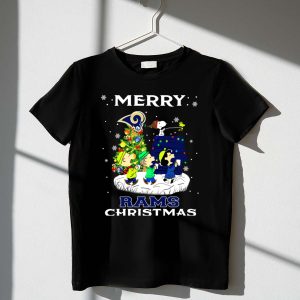 Merry Los Angeles Rams Christmas Snoopy Woodstock Charlie Brown Lucy Peanuts T Shirt T Shirt 1