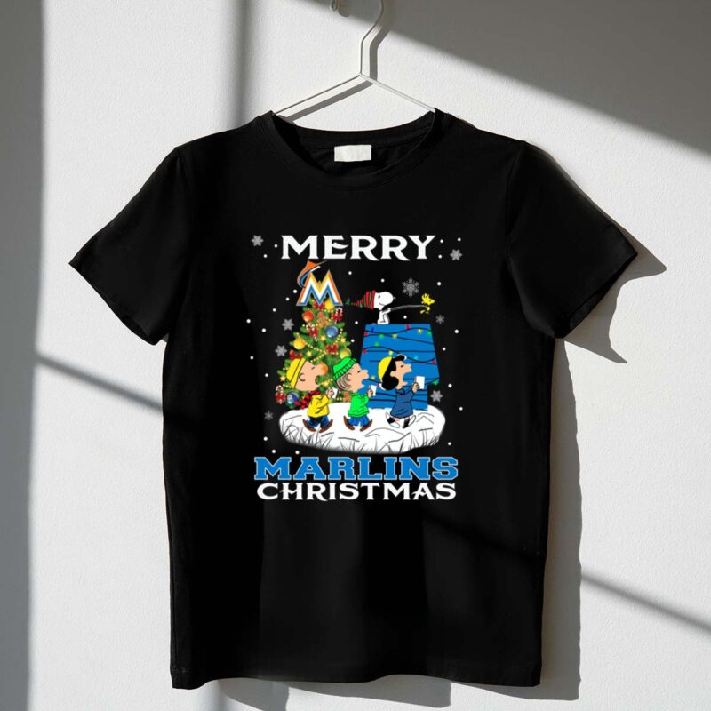 Merry Miami Marlins Christmas Featuring Peanuts Snoopy Woodstock Caroling 1 T Shirt 2.Jpg