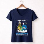 Merry Miami Marlins Christmas Featuring Peanuts Snoopy Woodstock Caroling 5 Womens V Neck 2.jpg