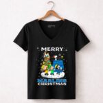 Merry Miami Marlins Christmas Featuring Peanuts Snoopy Woodstock Caroling 7 Womens V Neck 2.jpg