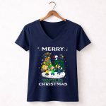 Merry Minnesota Wild Christmas Snoopy Woodstock Charlie Brown Linus Lucy 5 Womens V Neck.jpg