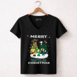 Merry Minnesota Wild Christmas Snoopy Woodstock Charlie Brown Linus Lucy 7 Womens V Neck.jpg