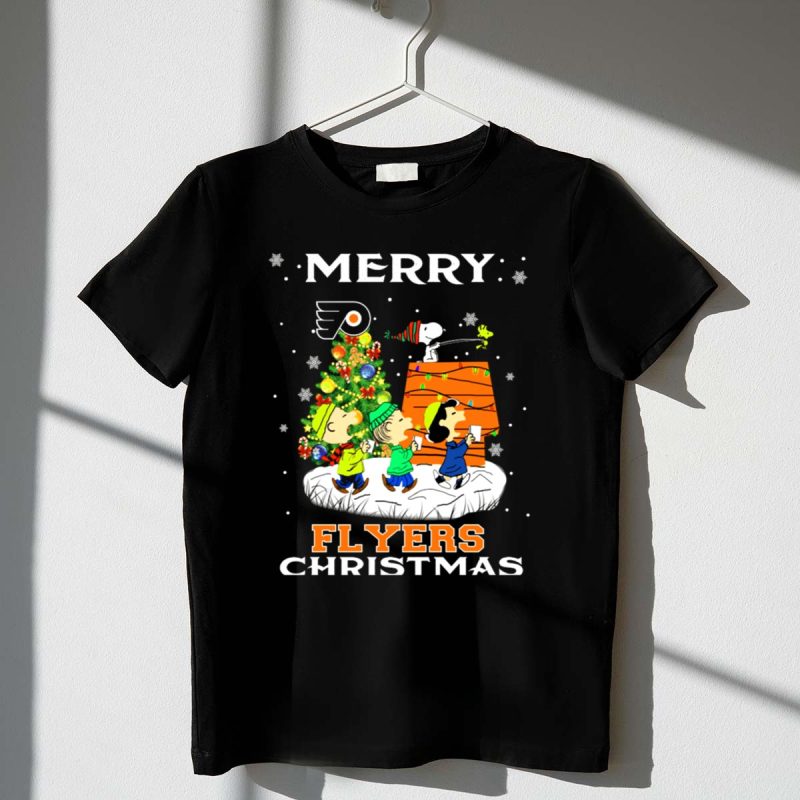 Merry Philadelphia Flyers Christmas Snoopy Peanuts Holiday Celebration Tree Woodstock 1 T Shirt