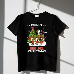 Merry Red Sox Christmas Tree With Snoopy And Friends Shirt