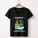 Merry San Jose Sharks Christmas with Snoopy and Friends Holiday 7 Womens V Neck.jpg