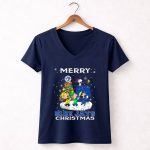 Merry Toronto Blue Jays Christmas Featuring Snoopy and Friends Holiday Scene 5 Womens V Neck.jpg