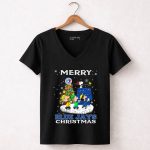 Merry Toronto Blue Jays Christmas Featuring Snoopy and Friends Holiday Scene 7 Womens V Neck.jpg