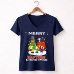 Merry Toronto Raptors Christmas Snoopy Woodstock Charlie Brown Lucy Linus 5 Womens V Neck