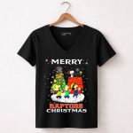 Merry Toronto Raptors Christmas Snoopy Woodstock Charlie Brown Lucy Linus 7 Womens V Neck