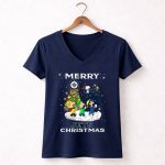 Merry Winnipeg Jets Christmas Featuring Snoopy and Peanuts Holiday Scene 5 Womens V Neck.jpg